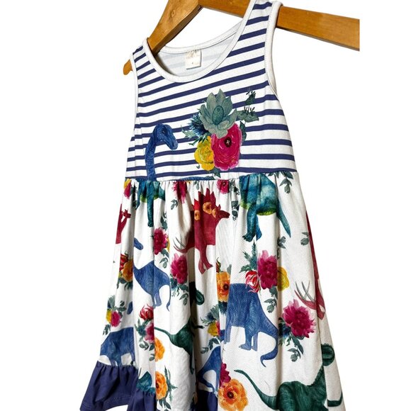 Penelope Plumm Girls Dinosaur Dress Size 4 | Floral Dino Striped Ruffle Hem Sund - Picture 2 of 6